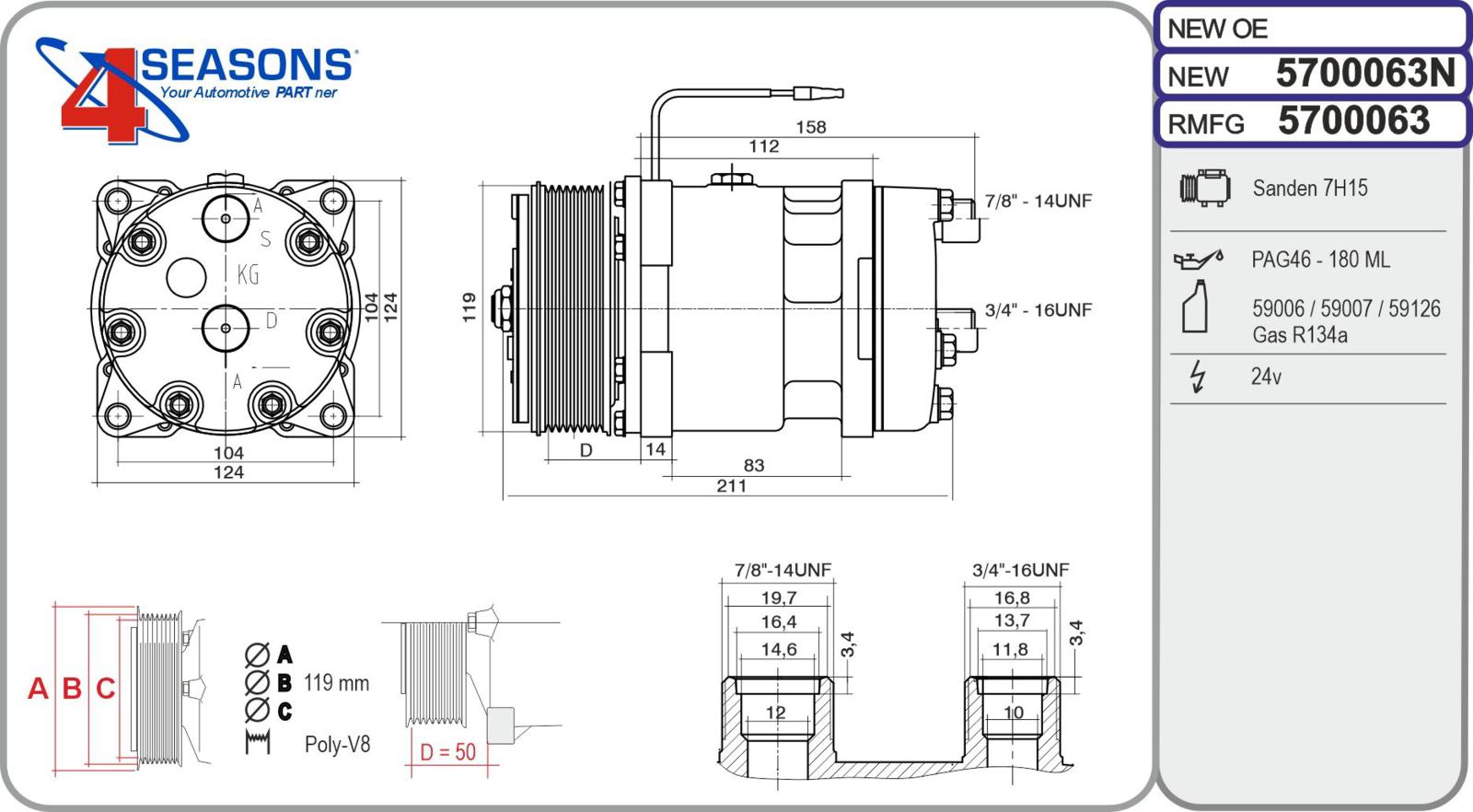 Cmp New Universal SANDEN SD7H15 24V PV8 8085
