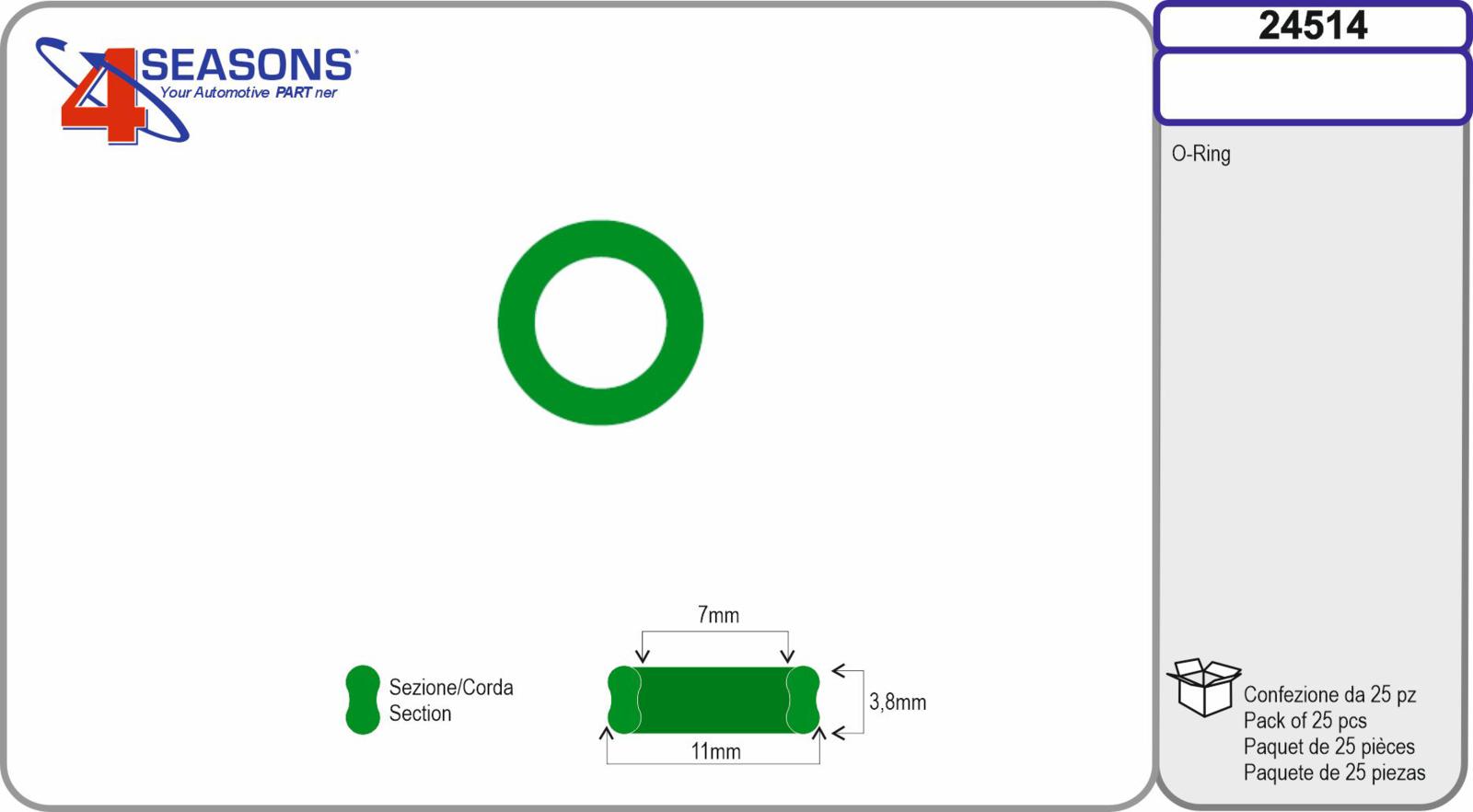 O-ring a sezione doppia est 11mm x int 7mm x sp. 3,8mm conf. 25pz
