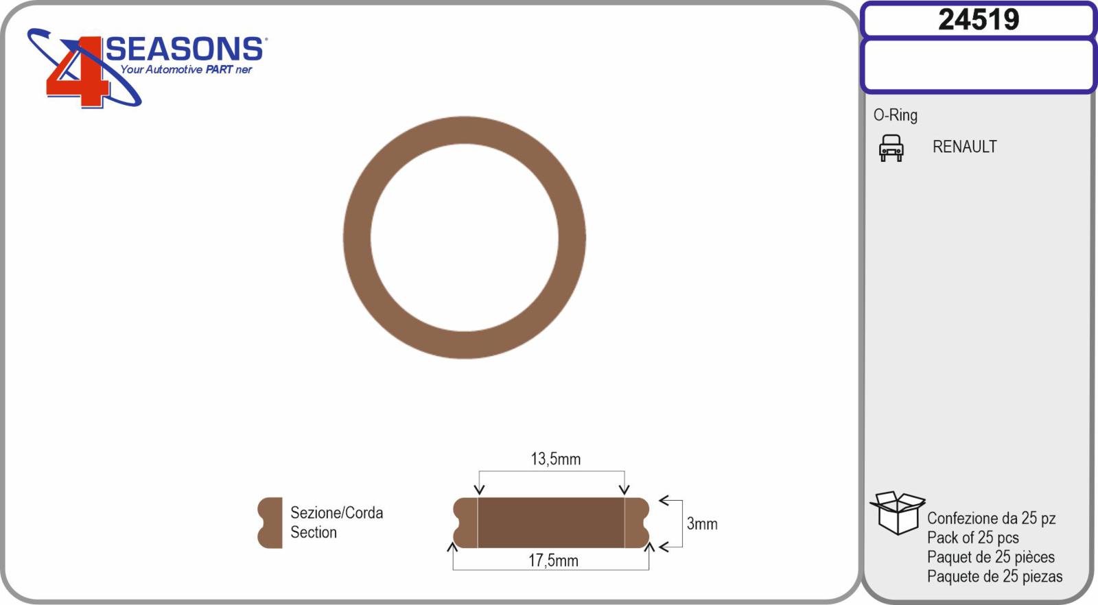 O-ring a sezione doppia est 17,5mm x int 13,5mm x sp. 3mm conf. 25pz