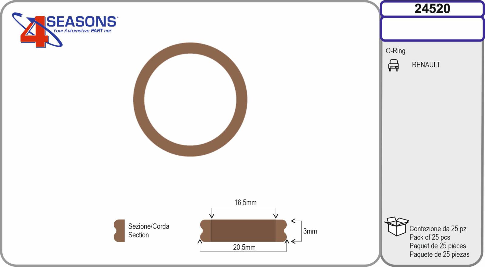 O-ring a sezione doppia est 20,5mm x int 16,5mm x sp. 3mm conf. 25pz